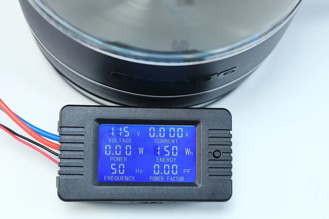 The power meter reads the energy consumption of the Ovente Electric Glass Kettle (KG83B) to be 150 Wh.