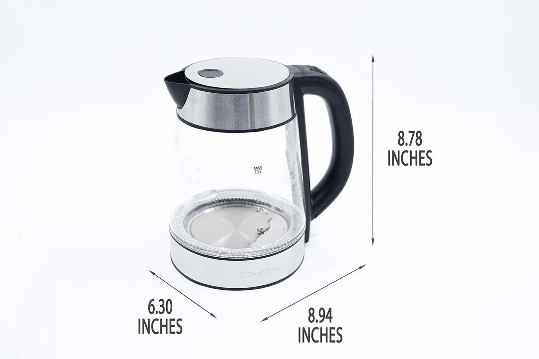 The Peach Street Electric Kettle PE-1300 is 8.94 inches in length, 6.30 inches in width, and 8.78 inches in height.