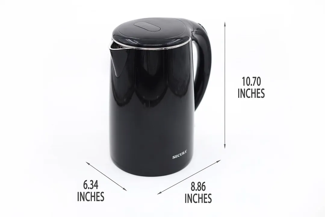 The Secura Electric Stainless Steel Double-Wall Kettle (SWK-1701DA) is 8.86 inches in length, 6.34 inches in width, and 10.70 inches in height.