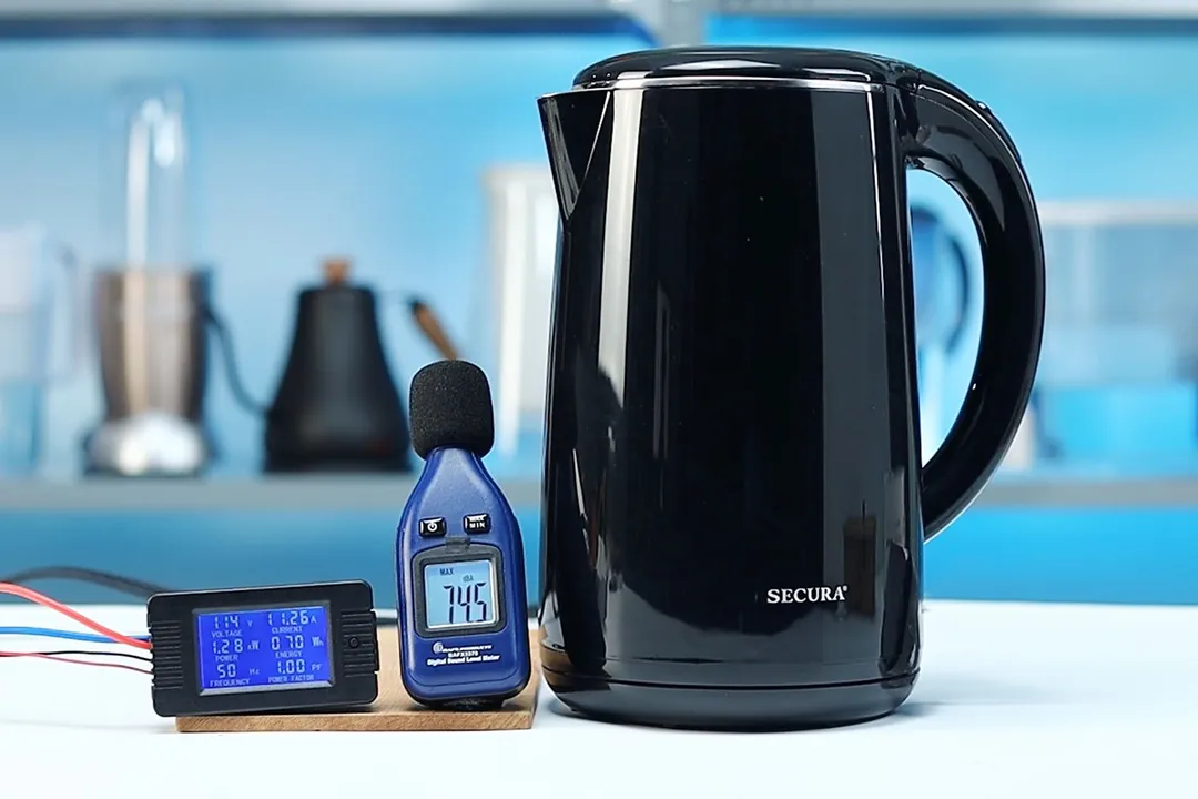 The Secura Electric Stainless Steel Double-Wall Kettle (SWK-1701DA) is boiling 1.5 liters of water. The noise meter displays the maximum sound pressure level to be 74.5 dB. The power meter reads 114 V, 11.26 A, 1.28 kW, 70 Wh, 50 Hz, and 1.0 PF.