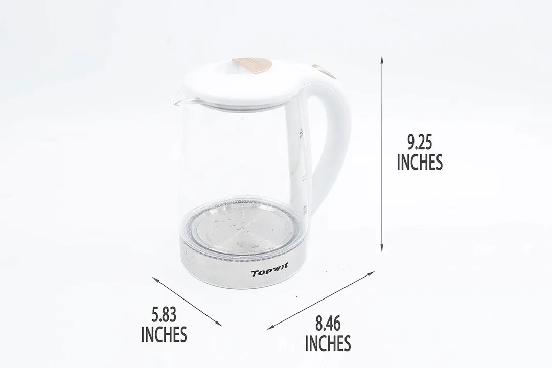 The Topwit Glass Electric Tea Kettle T630 is 8.46 inches in length, 5.83 inches in width, and 9.25 inches in height.