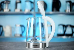 The clip-lock lid of the Topwit Glass Electric Tea Kettle T630 opens at an 80° angle.