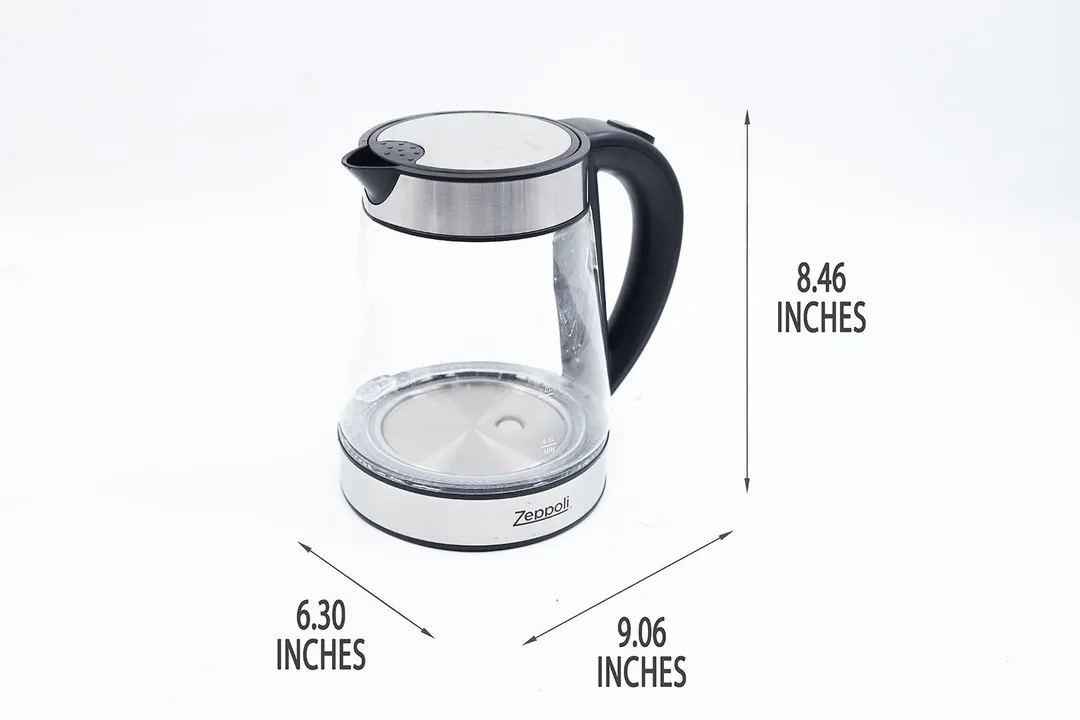 The Zeppoli Electric Kettle ZPL-KETTLE is 9.06 inches in length, 6.30 inches in width, and 8.46 inches in height.