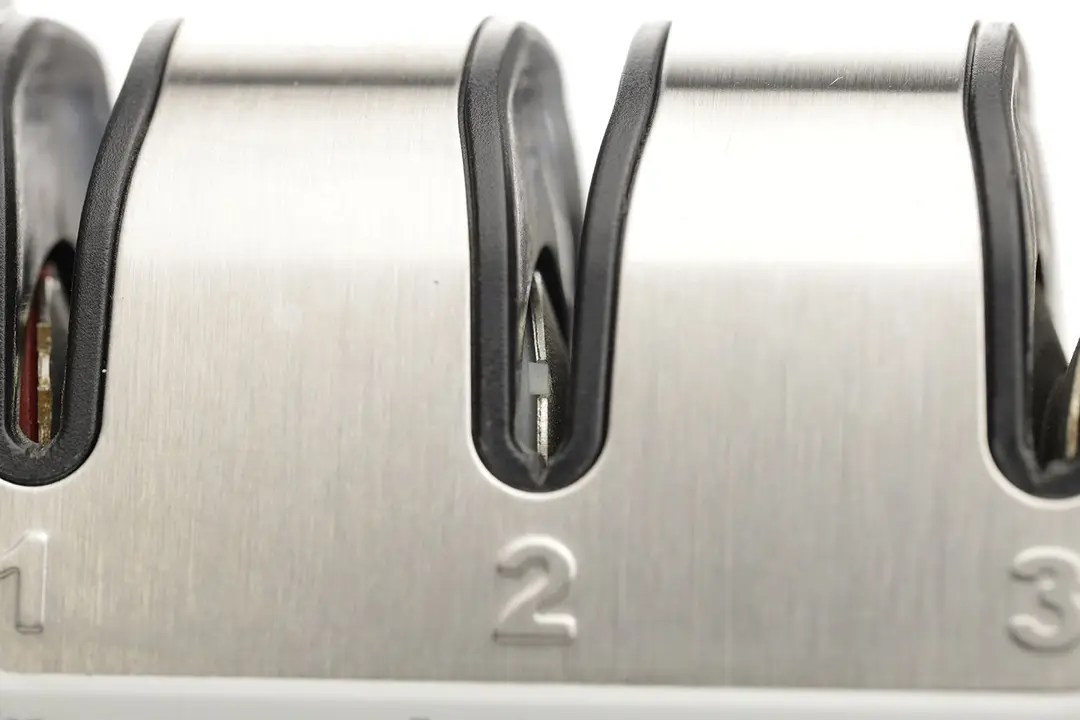 Close up view of the Chef’s Choice sharpener’s sharpening slots 1, 2, and 3