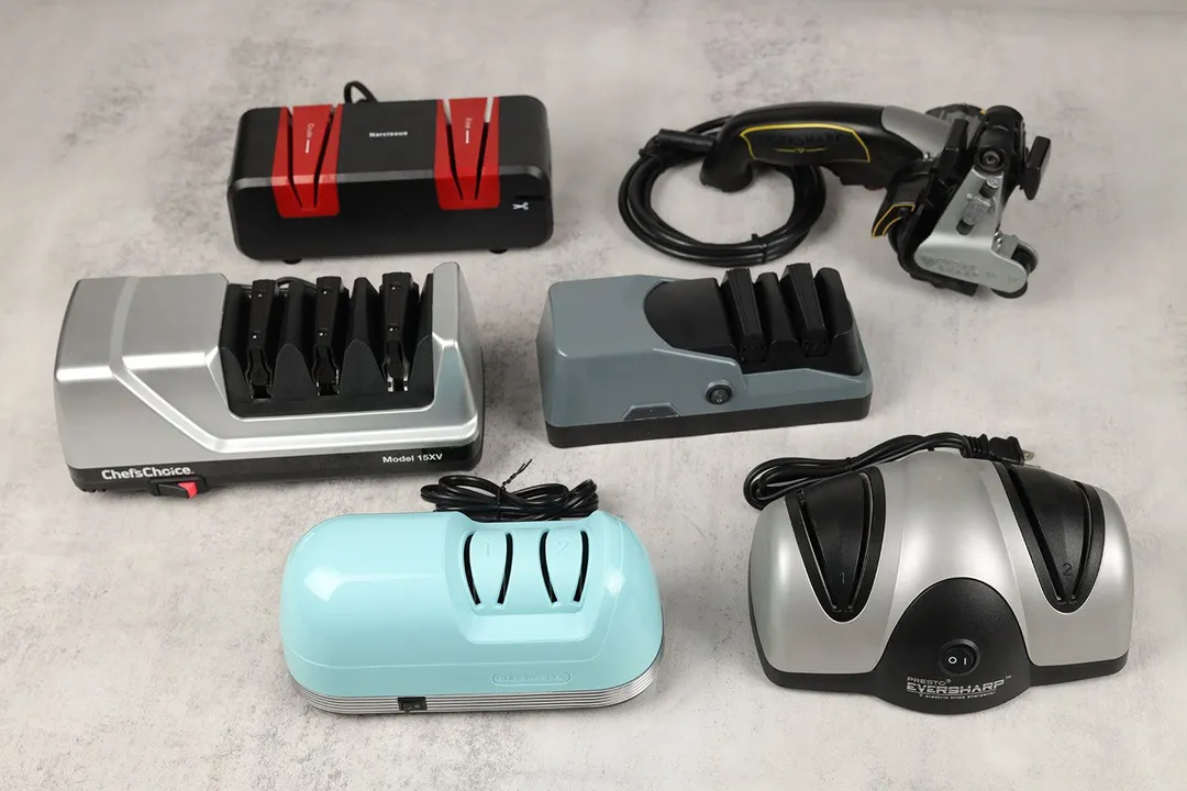 6 units tested for the best electric knife sharpener review, including Chef’s Choice Trizor XV, Presto Eversharp, and 4 others.