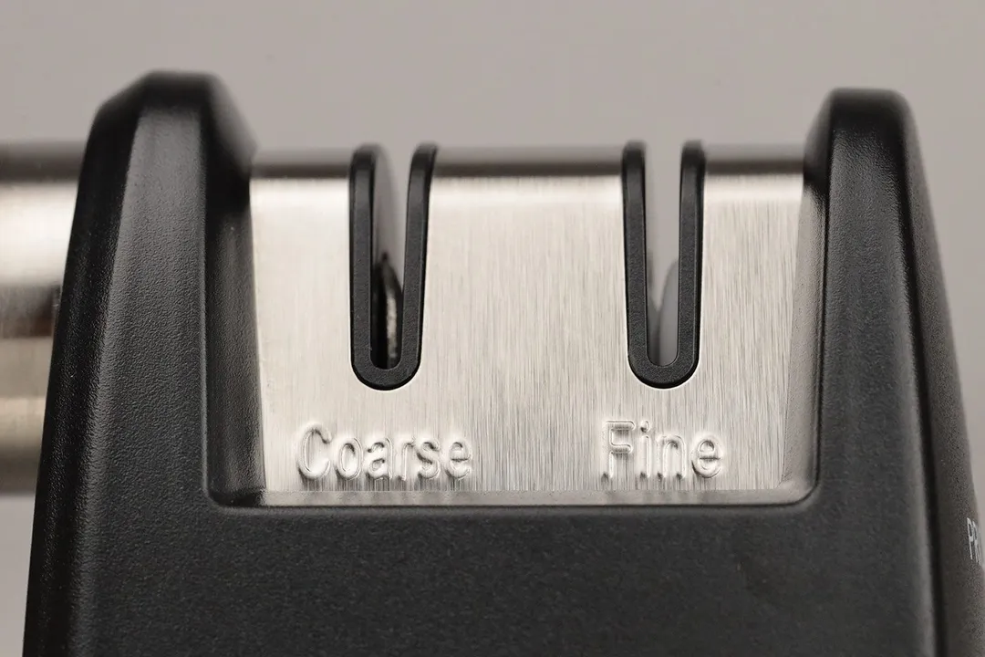 The working section on the Priority Chef, with 2 abrasive slots named Coarse and Fine supported by a black frame