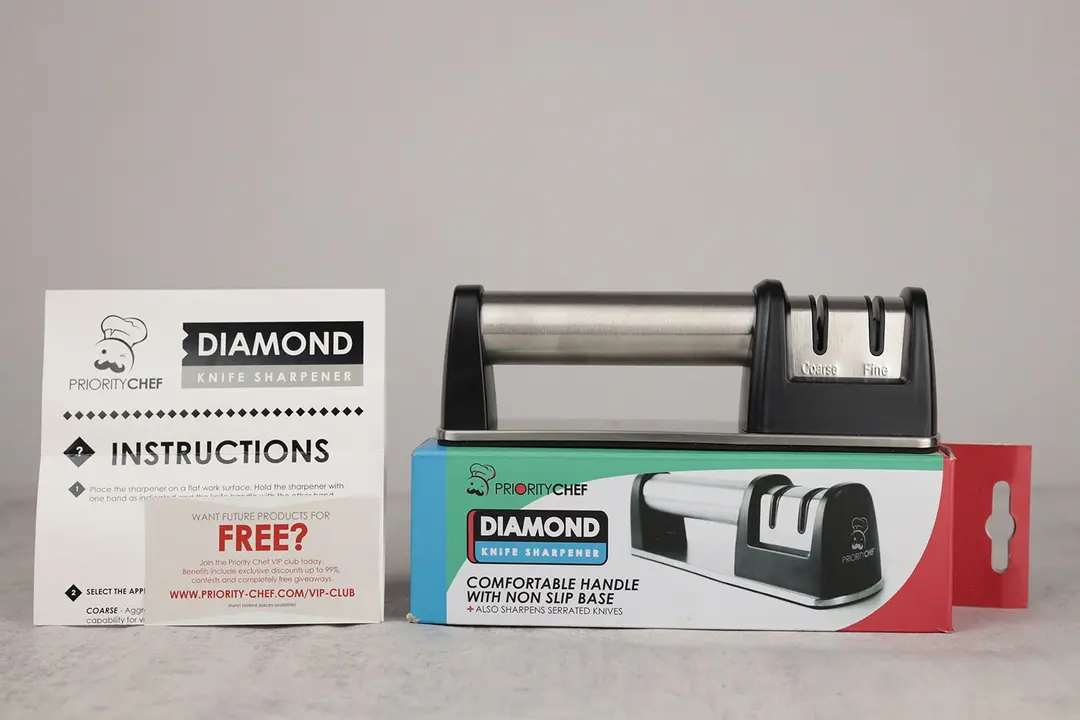 The Priority Chef diamond sharpener on its package box next to the instruction leaflet