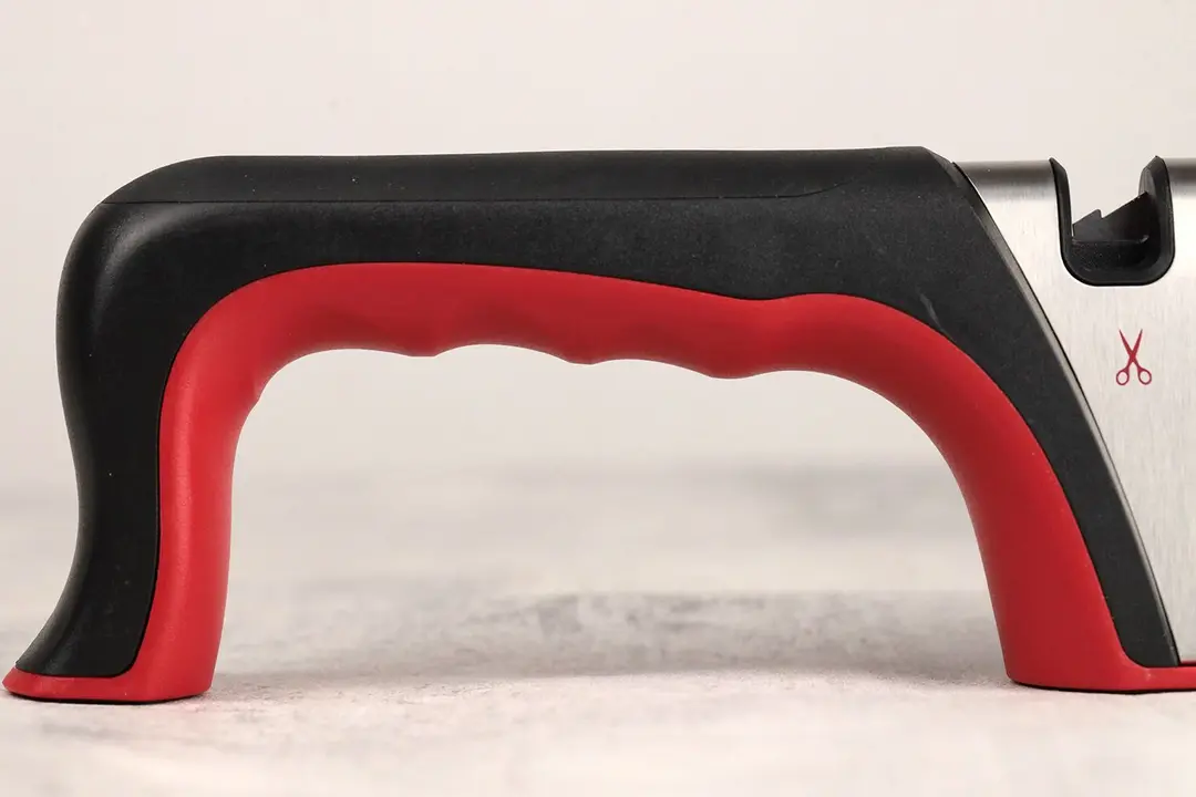 The grip of the Mueller steel knife sharpener and part of its body