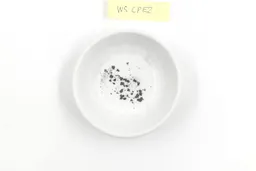Sharpening residue as metal dust in a white bowl with a label that reads WS CPE2