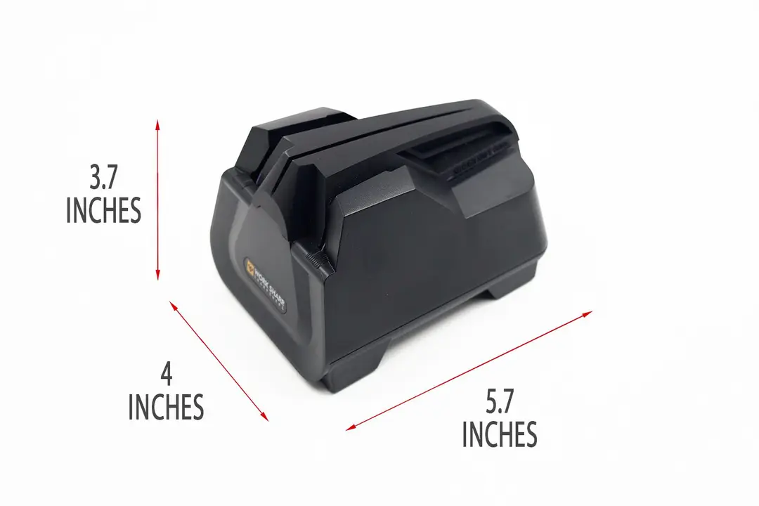 The Work Sharp CPE2 electric knife sharpener with arrows and figures indicating its dimensions
