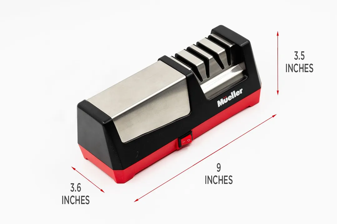 The Mueller electric sharpener and illustrations indicating its dimensions