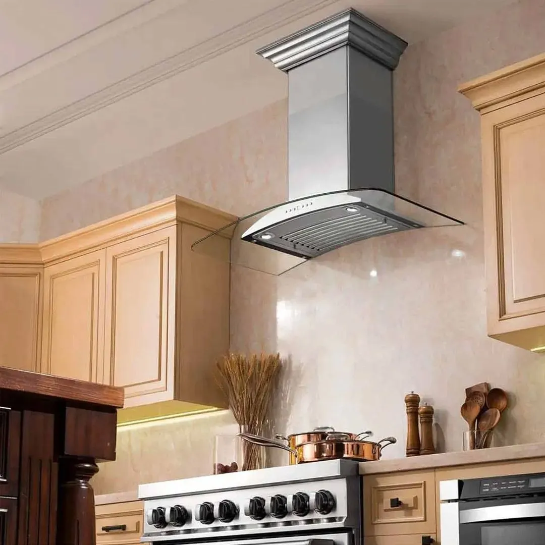 Small kitchen with exhaust fan hidden up inside cabinetry rather