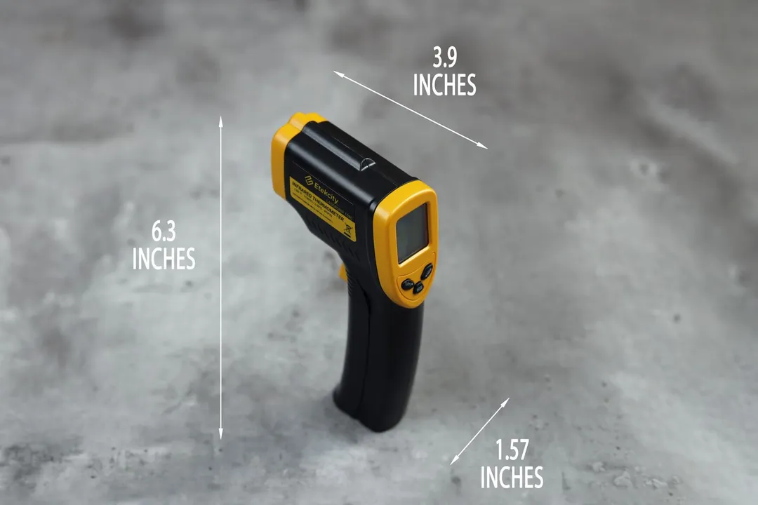 The dimensions of the Etekcity Lasergrip 1080. The length is 3.9 inches, the width is 1.57 inches, and the height is 6.3 inches.