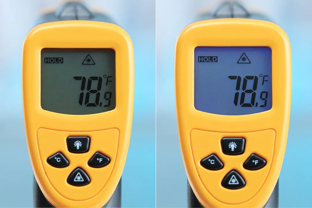 The backlit LCD display panel of the Etekcity Lasergrip 1080 with the backlight off (left) and on (right). The screen shows 78.9°F.