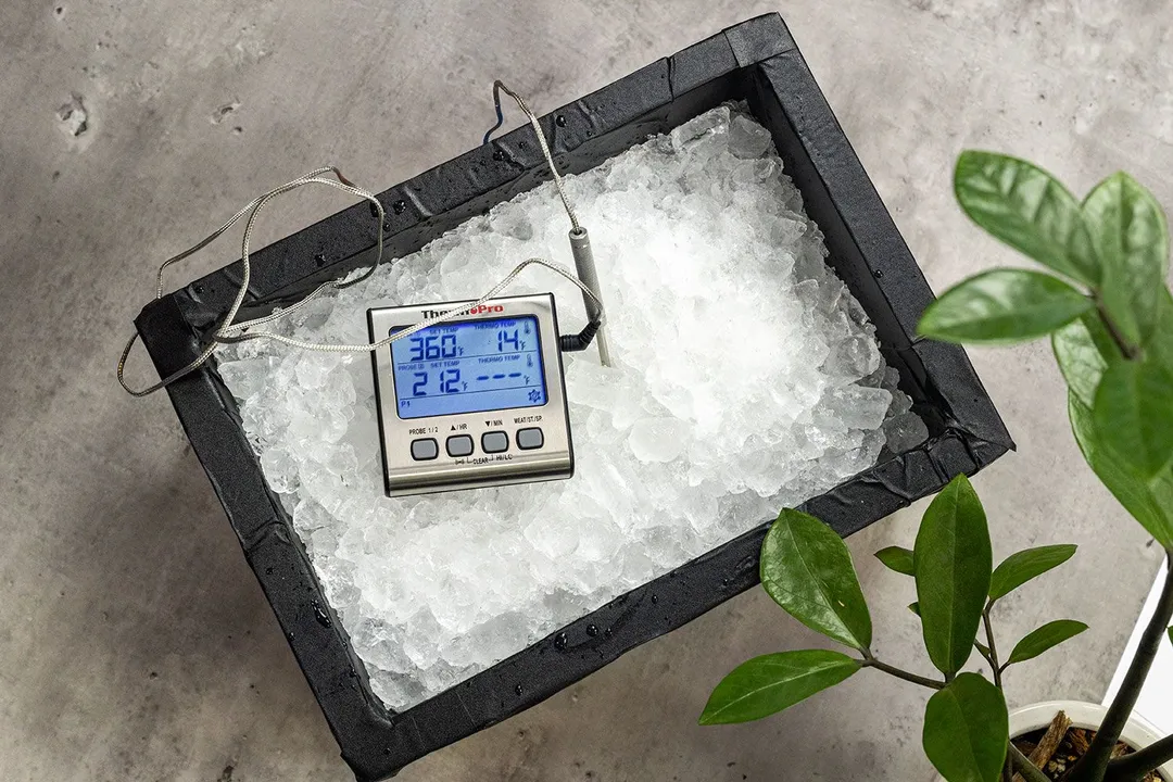 An ice box with a black interior with ice filled to the brim inside. The box is lying on a concrete-like surface. The screen displays 14°F (-10°C)