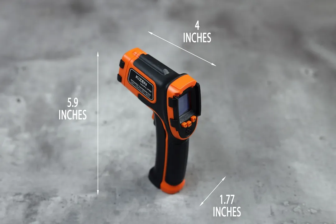 The dimensions of the Kizen LaserPro LP300 IR thermometer. The length is 4 inches, the width is 1.77 inches, and the height is 5.9 inches.