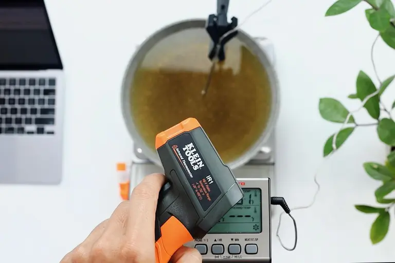 Klein Tools - “The infrared thermometer (IR1) has a targeting laser with a  10 to 1 distance to spot ratio. The closer you are, the more accurate it  is.” -@fixithomeimprovement “The LCD