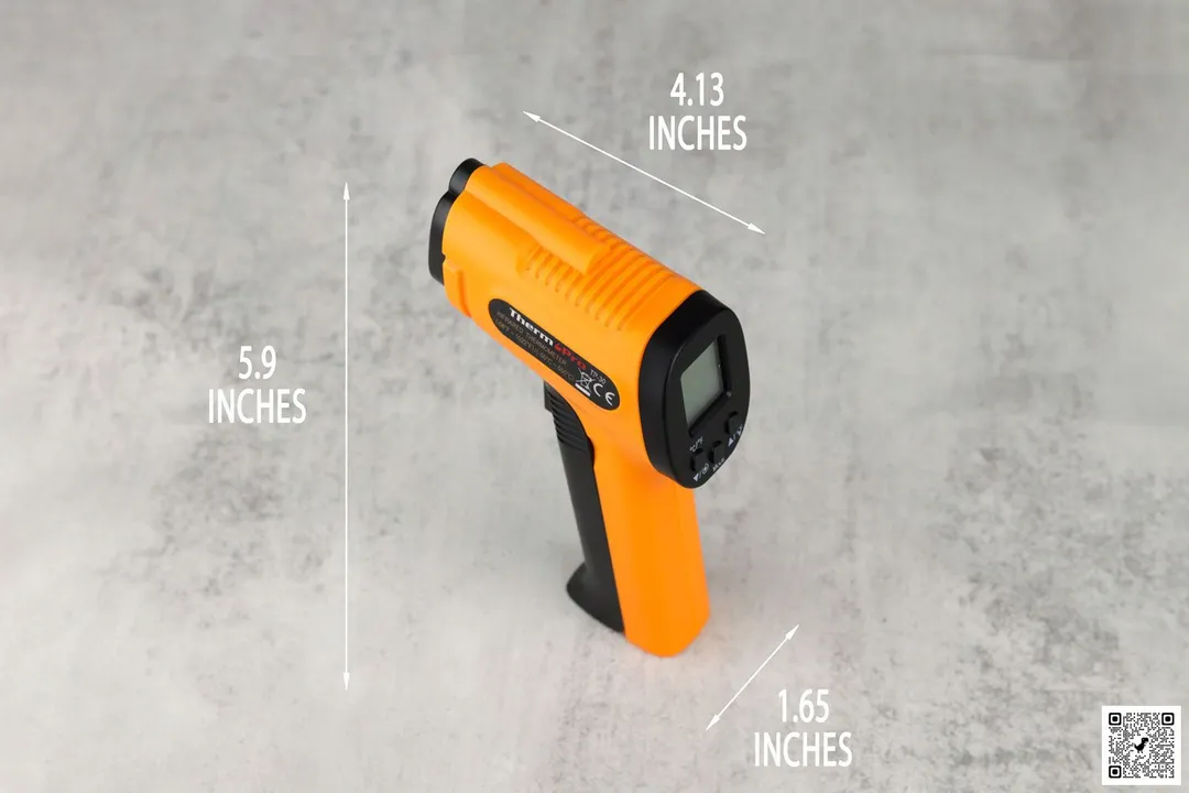 The dimensions of the ThermoPro TP-30. The length is 4.13 inches, the width is 1.65 inches, and the height is 5.9 inches.