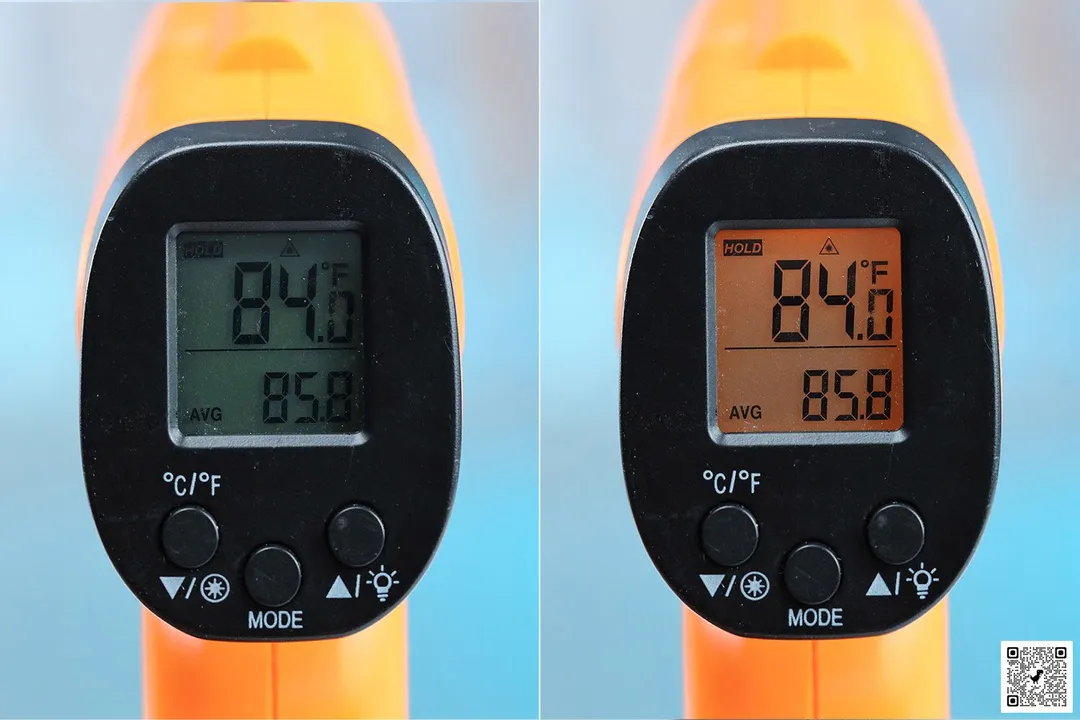 The ThermoPro TP-30 IR thermometer’s display with the backlight off (left) and on (right). The screen reads 84°F.