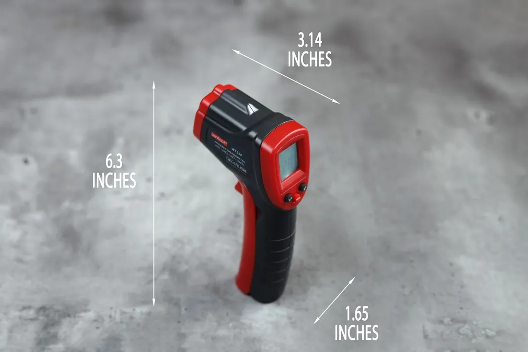 The dimensions of the Wintact WT530 IR thermometer. The length is 3.14 inches, the width is 1.65 inches, and the height is 6.3 inches.