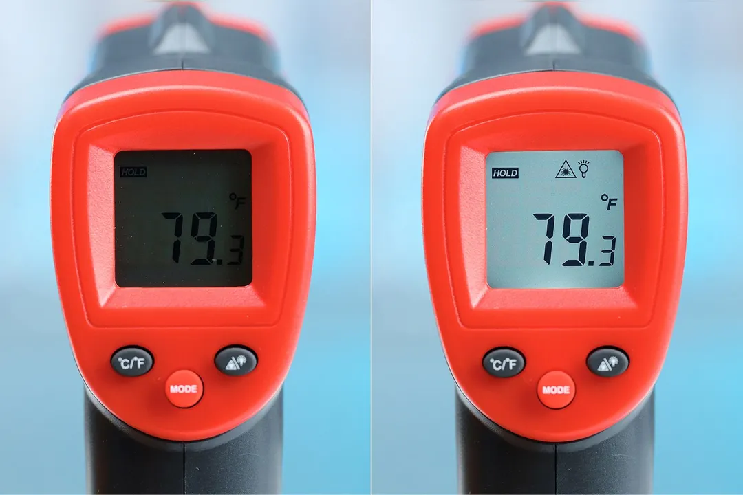The Wintact WT530 IR thermometer’s display with the backlight on (left) and the backlight off (right). The screen currently displays 79.3°F.