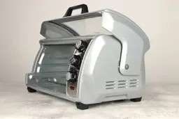 The front of an opened Hamilton Beach 31127D 6-Slice Roll Top Toaster Oven has a control panel and the right side has holes.