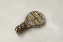 A rusty bolt from the rotisserie kit of the Toshiba AC25CEW-BS Convection Toaster Oven on a grey background.