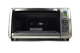 The front of a closed stainless steel Black+Decker CTO6335S Countertop Convection Toaster Oven on a white background.
