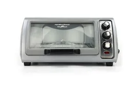 The front of a closed stainless steel Hamilton Beach 31127D 6-Slice Easy Reach Roll Top Toaster Oven on a white background.