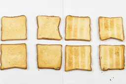 The best four pieces of toast from the Cuisinart TOA-60 Convection Toaster Oven Air Fryer. On the left are the top sides, and on the right are the bottom sides of the toast.