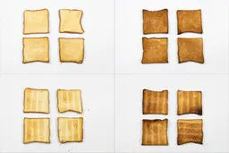 On the left are four pieces of toast from the first batch, and on the right are from the second batch. On the upper row are the top sides, and on the lower row are the bottom sides.