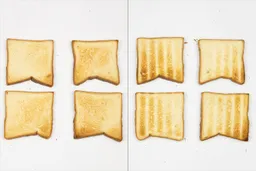 The top and bottom of the best four pieces of toast from the stainless steel Toshiba AC25CEW-BS Convection Toaster Oven.