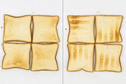 The top and bottom of the best four pieces of toast from the Cuisinart TOB-40N Custom Classic Toaster Oven Broiler.