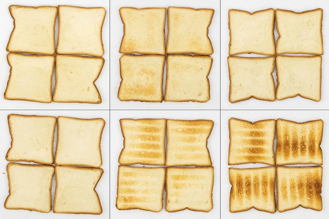 From left to right, 24 pieces of toast for the top and bottom of three toast levels including lighter, medium, and darker.