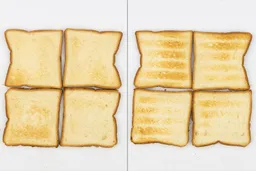 The top and bottom of the best four pieces of toast from the Hamilton Beach 31127D 6-Slice Easy Reach Roll Top Toaster Oven.