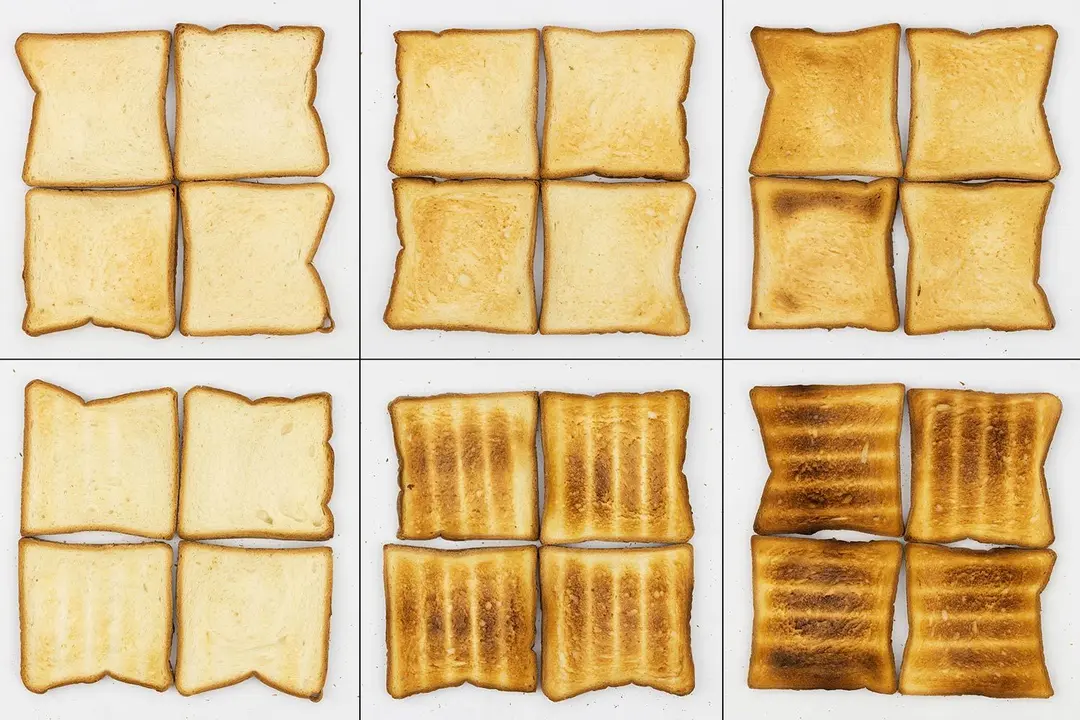 Oster TSSTTVMNDG-SHP-2 ToastFrom left to right, 24 pieces of toast for the top and bottom of three toast levels including lighter, medium, and darker.