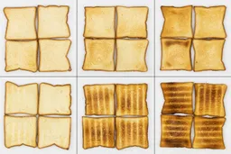 Oster TSSTTVMNDG-SHP-2 ToastFrom left to right, 24 pieces of toast for the top and bottom of three toast levels including lighter, medium, and darker.