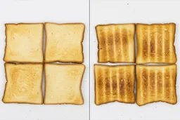 The top and bottom of the best four pieces of toast from the Oster TSSTTVMNDG-SHP-2 6-Slice Digital Convection Toaster Oven.