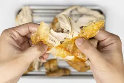 Two hands holding a piece of chicken breast roasted in a toaster oven. The skin is golden brown and the meat is cooked.