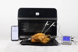 A tray of whole toaster oven roasted chicken. The thermometer has two probes inside the chicken and displays 178°F and 190°F.