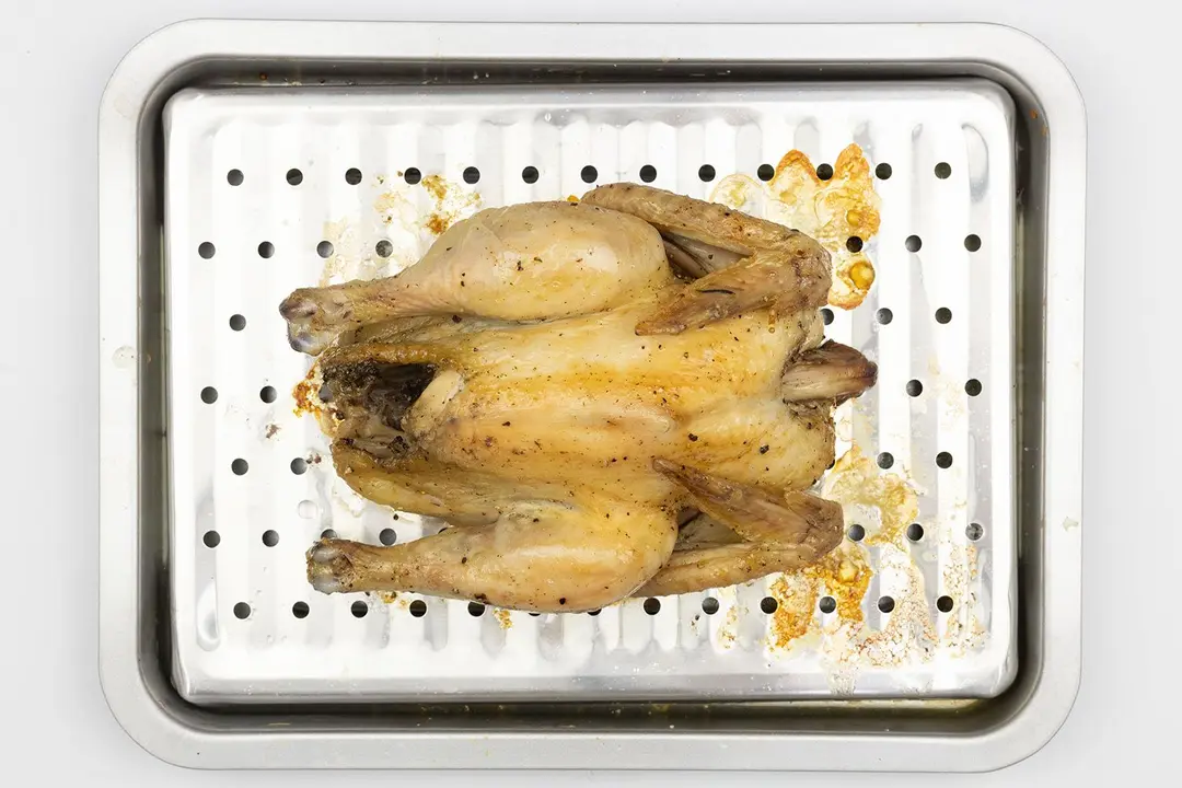 A whole roasted chicken using a toaster oven on a silver broiling rack and baking pan on a white background.