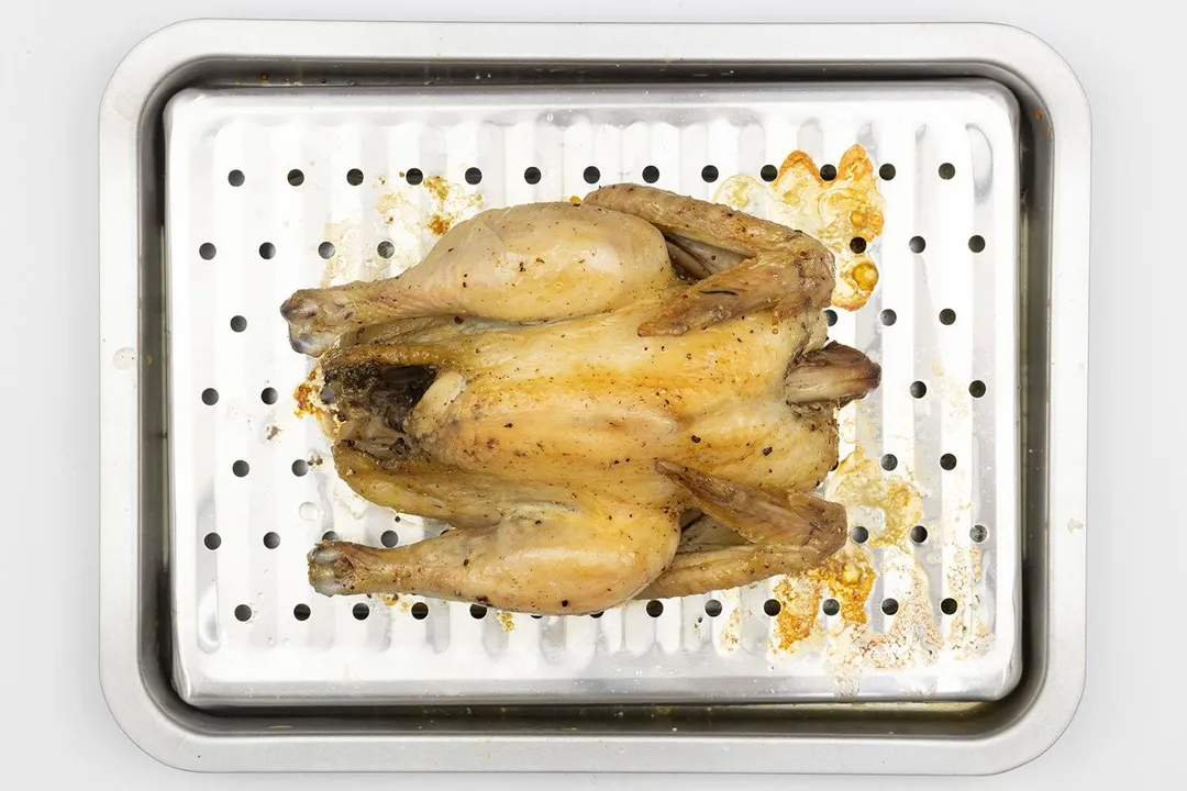 A whole roasted chicken using a toaster oven on a silver broiling rack and baking pan on a white background.