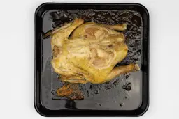 A whole roasted chicken using a toaster oven on an enamel baking pan on a white background.