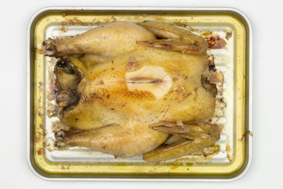 A whole roasted chicken using the Comfee CFO-BB101 Compact Toaster Oven on a grooved silver baking pan on a white background.