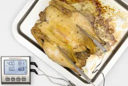 A tray of whole toaster oven roasted chicken. The thermometer has two probes inside the chicken and displays 181°F and 183°F.