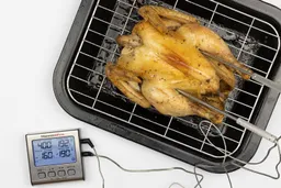 A tray of whole toaster oven roasted chicken. The thermometer has two probes inside the chicken and displays 190°F and 192°F.