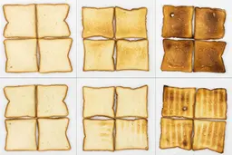 From left to right, 24 pieces of toast for the top and bottom of three toast levels including lighter, medium, and darker.