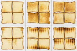 COMFEE CFO-BB101 ToastFrom left to right, 24 pieces of toast for the top and bottom of three toast levels including lighter, medium, and darker.