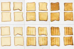 From left to right, 24 pieces of toast for three toast levels including lighter, medium, and darker. On the upper row are the top sides, and on the lower row are the bottom sides of the toast.