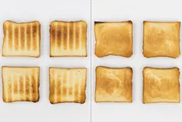 The top and bottom of the best four pieces of toast from the Black+Decker TO1760SS 4-slice Natural Convection Toaster Oven.
